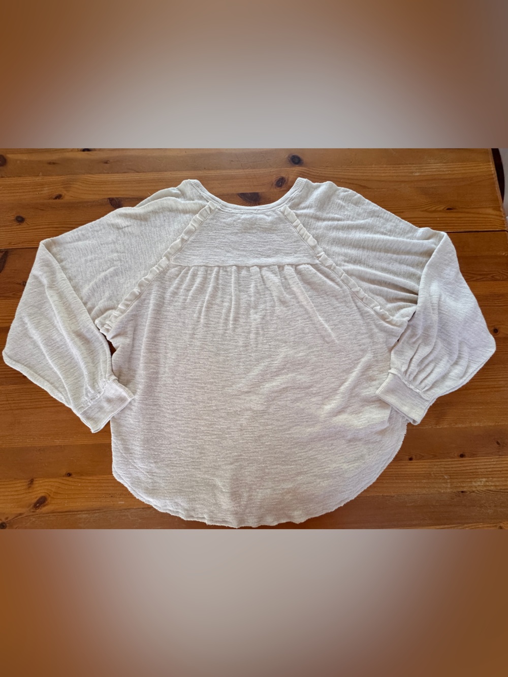 Pilcro Lightweight Cream Thermal Raglan Crewneck Top with Ruffle Detail - Picture 3 of 6